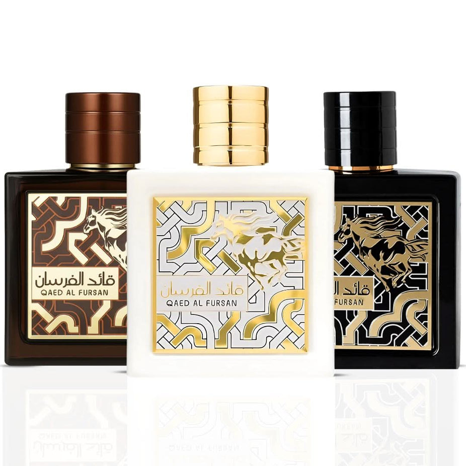 Qaed Al Fursan perfume collection by Lattafa, featuring sprays of Untamed, Unlimited, and original Qaed Al Fursan in 90ml bottles.