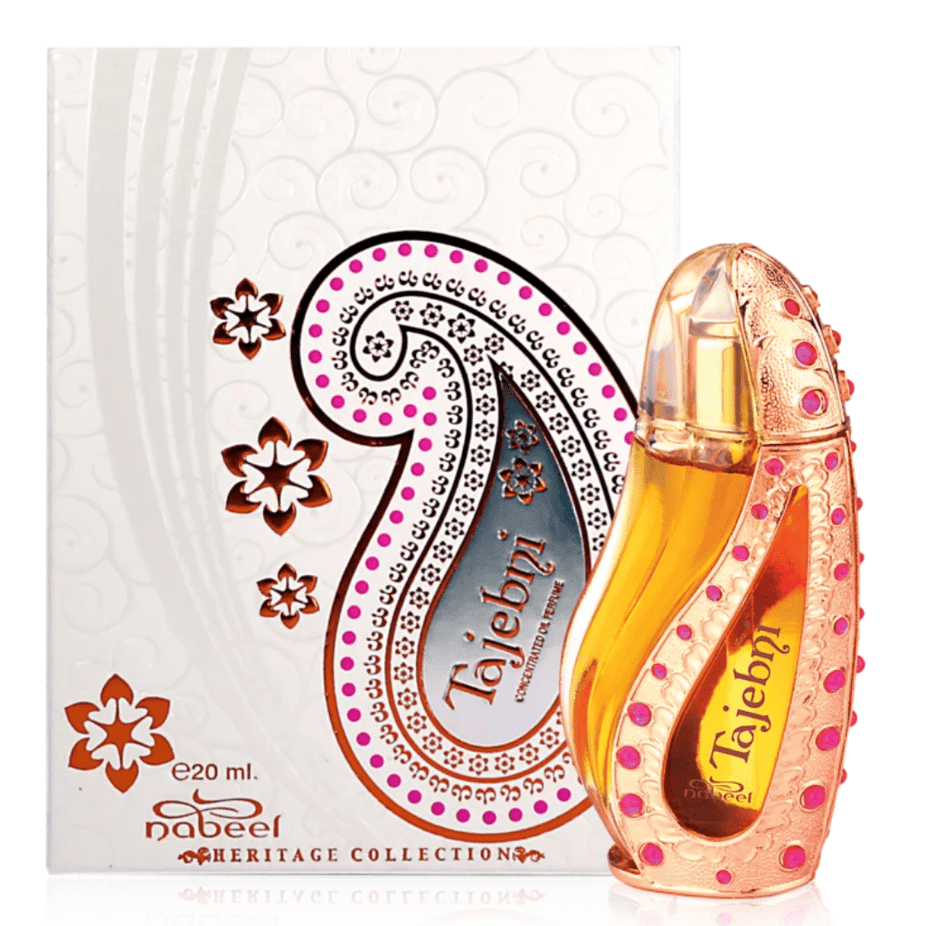 Nabeel Tajebni Perfume Oil 20ml CPO bottle with gold cap and elegant label, showcasing concentrated perfume oil from Nabeel Perfumes.