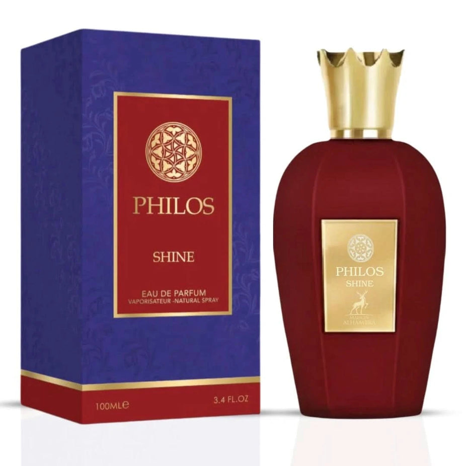 Maison Alhambra Philos Shine Eau de Parfum spray 100ml bottle with elegant packaging and perfume liquid visible inside.