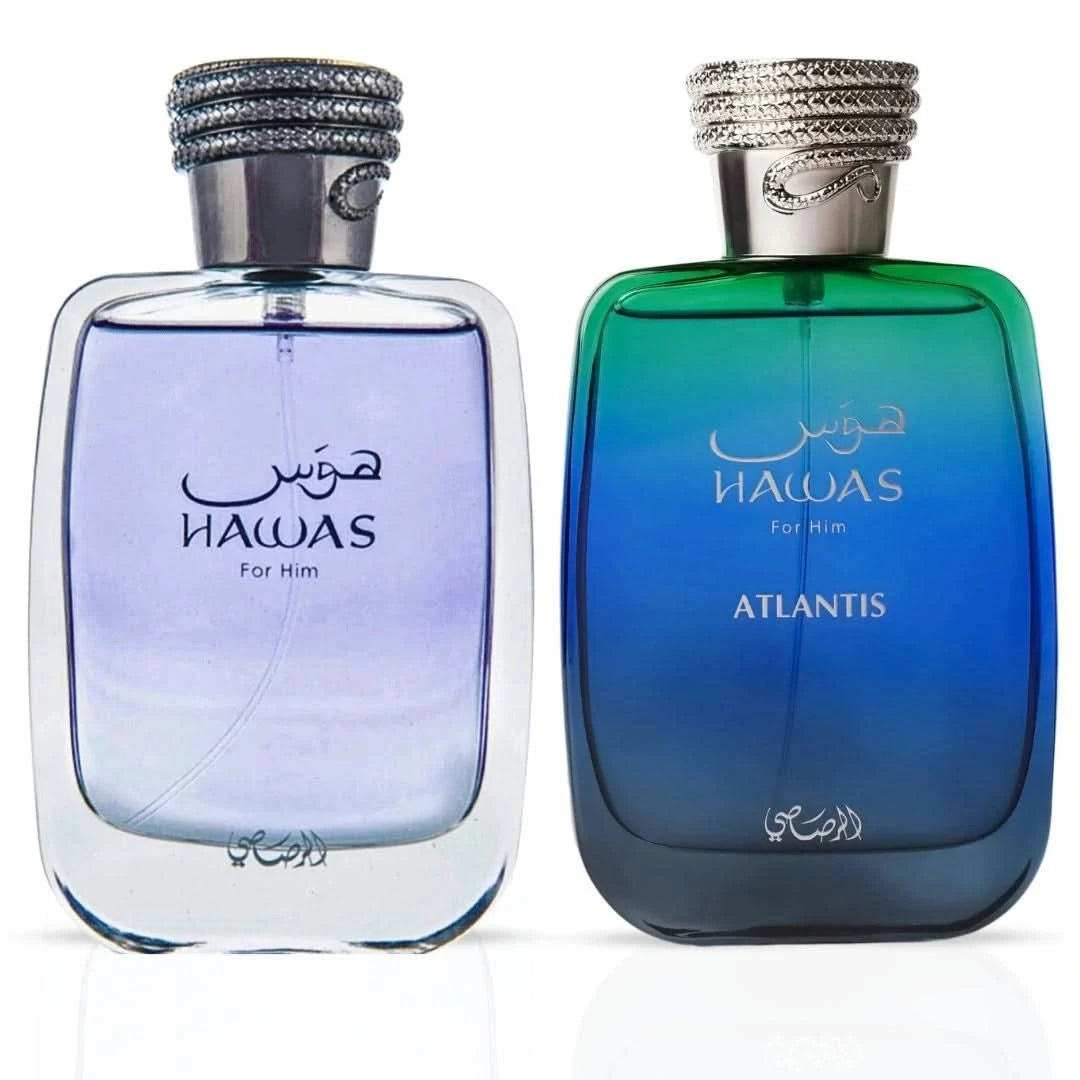 Rasasi Hawas for Him and Hawas Atlantis Eau de Parfum sprays in 100ml bundle, featuring sleek bottles and elegant design.