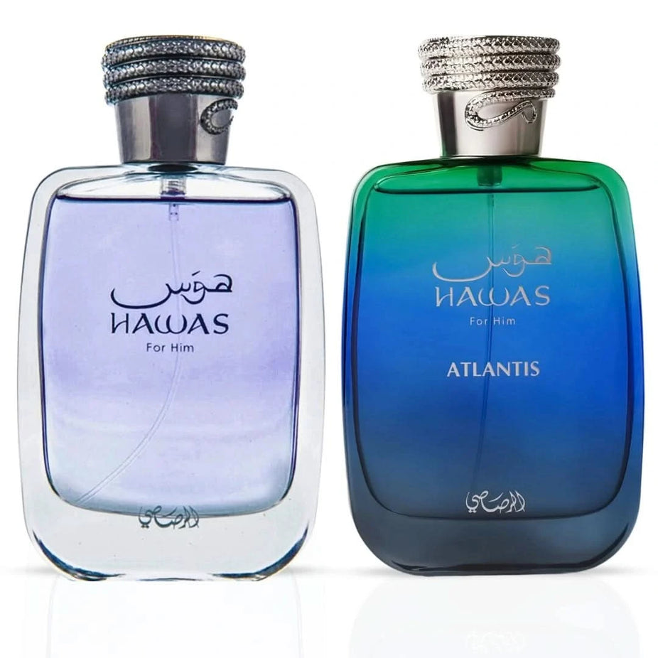 Rasasi Hawas for Him and Atlantis Eau de Parfum sprays in 100ml bundle, featuring stylish bottles and luxurious fragrance designs