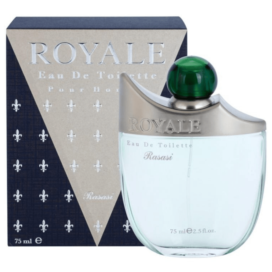Rasasi Royale Spray for Men EDT 75ml bottle, featuring sleek design and transparent glass with silver accents.