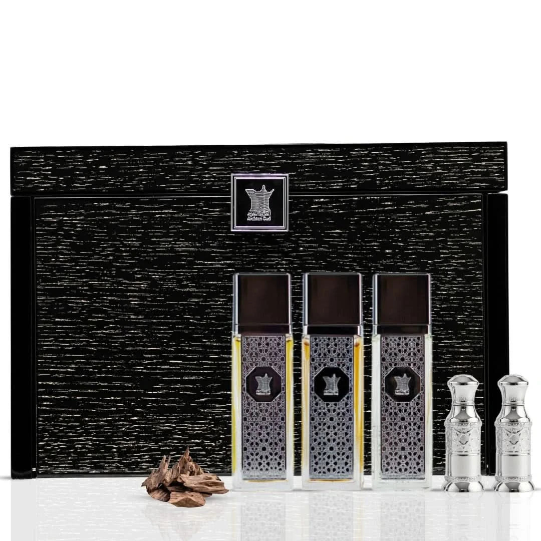 Arabian Oud Al Seyada Collection 6-piece gift set including perfumes and accessories, displayed in elegant packaging.