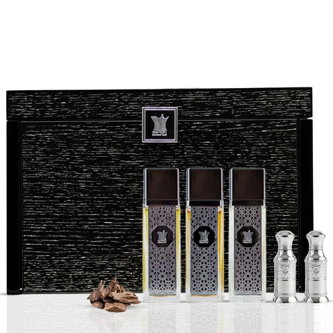 Arabian Oud Al Seyada Collection 6-piece gift set including perfumes and accessories, displayed in elegant packaging.