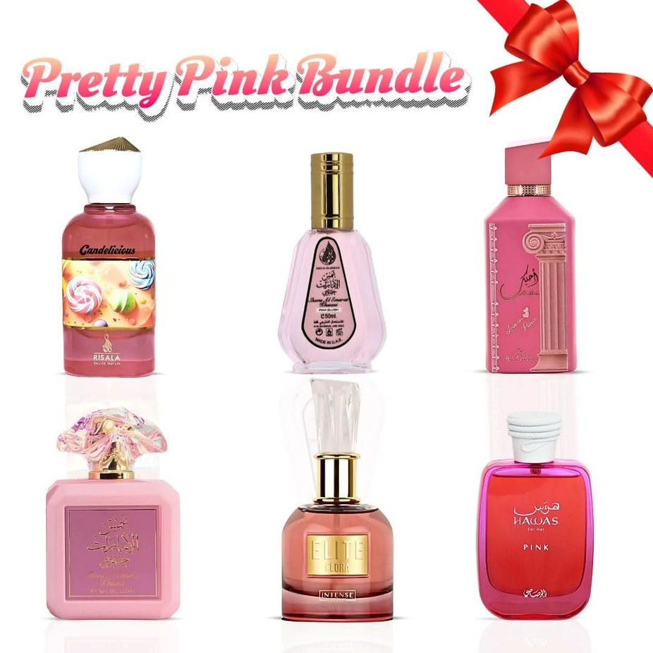 Bundle of Intense Oud Eau de Parfum sprays including Pink Blush, Ahubbak Love, Elite Floral, Candellicious, and Hawas Pink bottles.