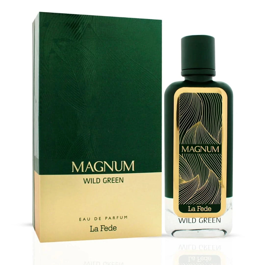 Khadlaj La Fede Magnum Wild Green Eau de Parfum spray bottle, 100ml, with green and gold accents, elegant fragrance packaging