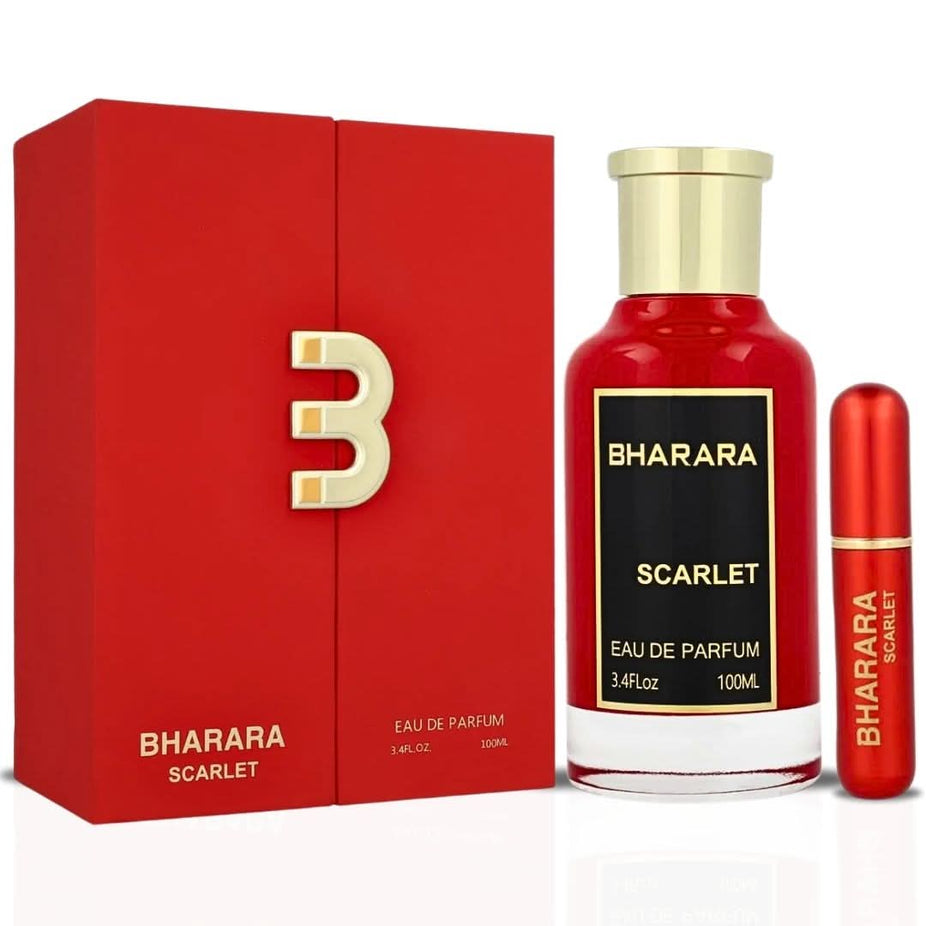 Bharara Scarlet Eau de Parfum spray bottle, 100ml, with elegant packaging and a deep red fragrance theme.