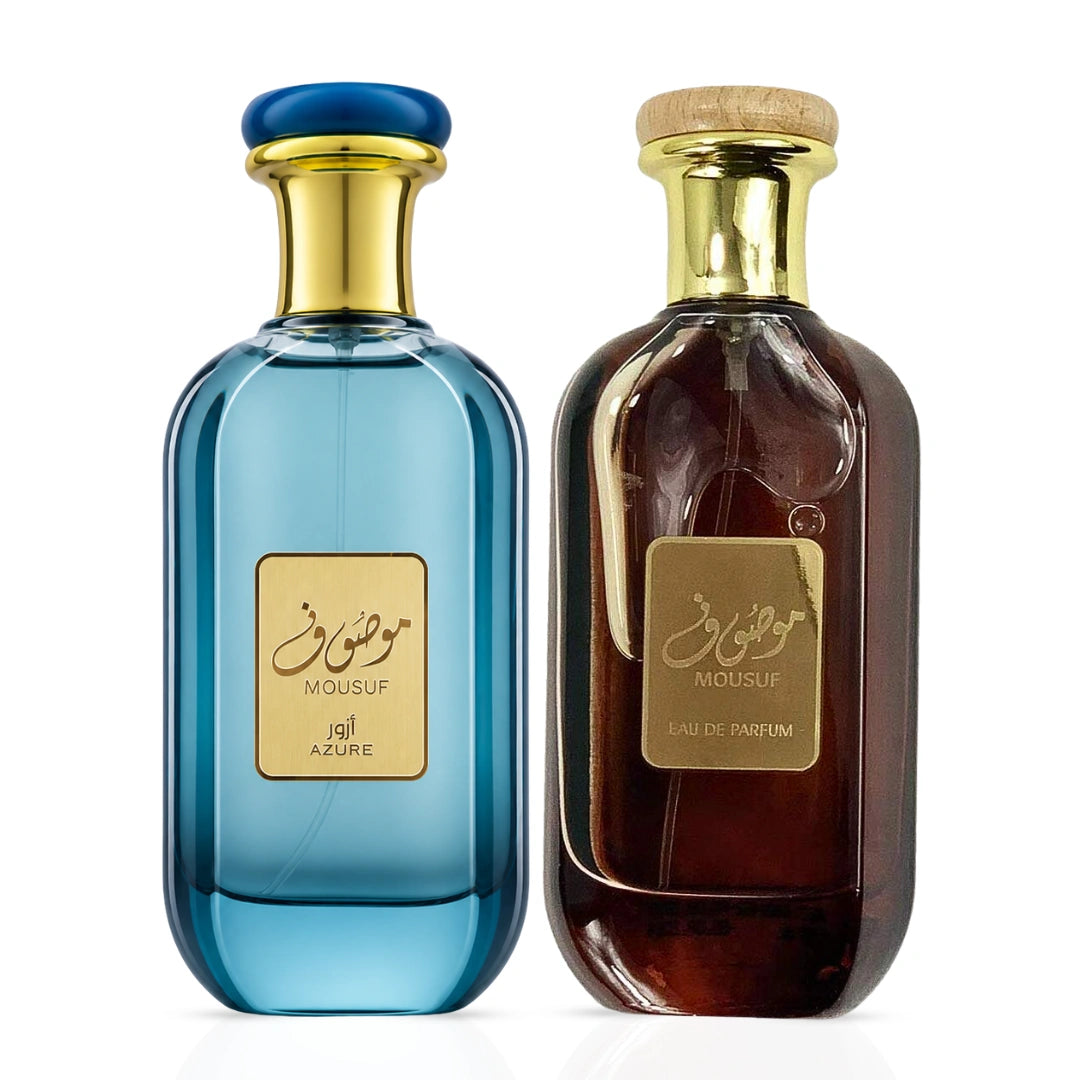 Bundle of Ard Al Zaafaran Mousuf & Mousaf Azure Eau de Parfum sprays in 100ml bottles with elegant packaging.