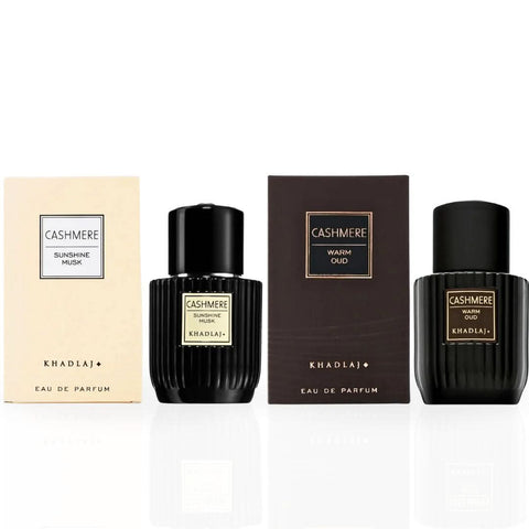 Khadlaj Cashmere Sunshine Musk and Warm Oud Eau de Parfum spray bundle, 100ml each, featuring elegant perfume bottles with a luxurious design.