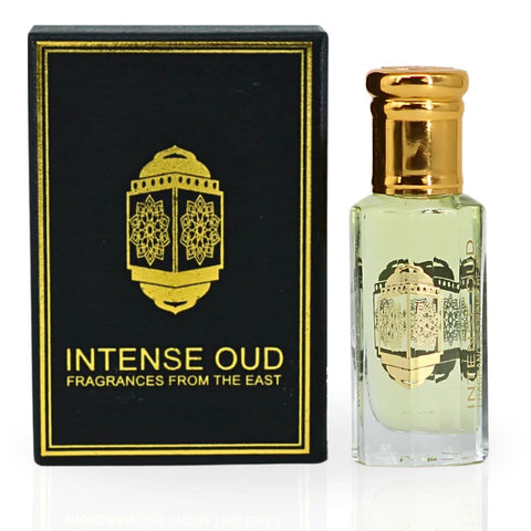 Intense Oud Just Adore perfume oil 12ml in a clear glass bottle with black gift box, showcasing luxurious loose oil packaging.