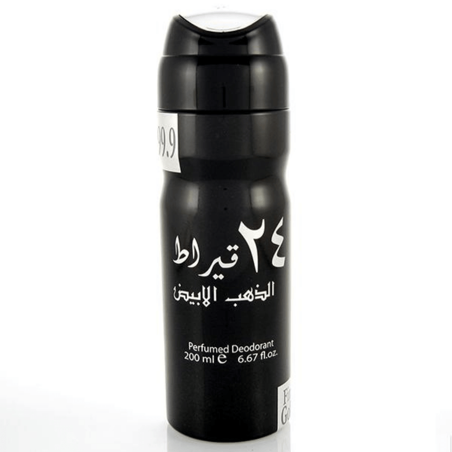 Lattafa 24 Carat White Gold deodorant spray bottle, 200ml, with sleek white and gold packaging, displayed upright.