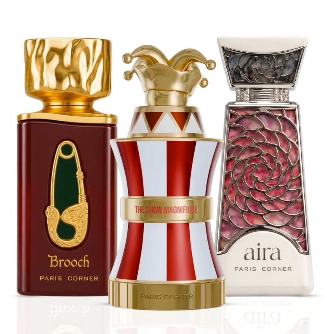 Brooch, The Show Magnifique & Aira Eau De Parfum Sprays 100ml (3.4 oz) By Paris Corner (Bundle)