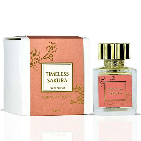 Timeless Sakura Eau de Parfum Spray by Flower Scents, 65ml bottle, elegant floral design and pink accents on the packaging.
