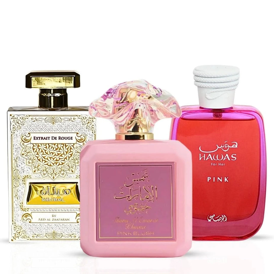Pink Blush & Meethaq Extrait De Rouge by Ard Al Zaafaran, Hawas Pink by Rasasi Eau de Parfum bundle, 100ml bottles.