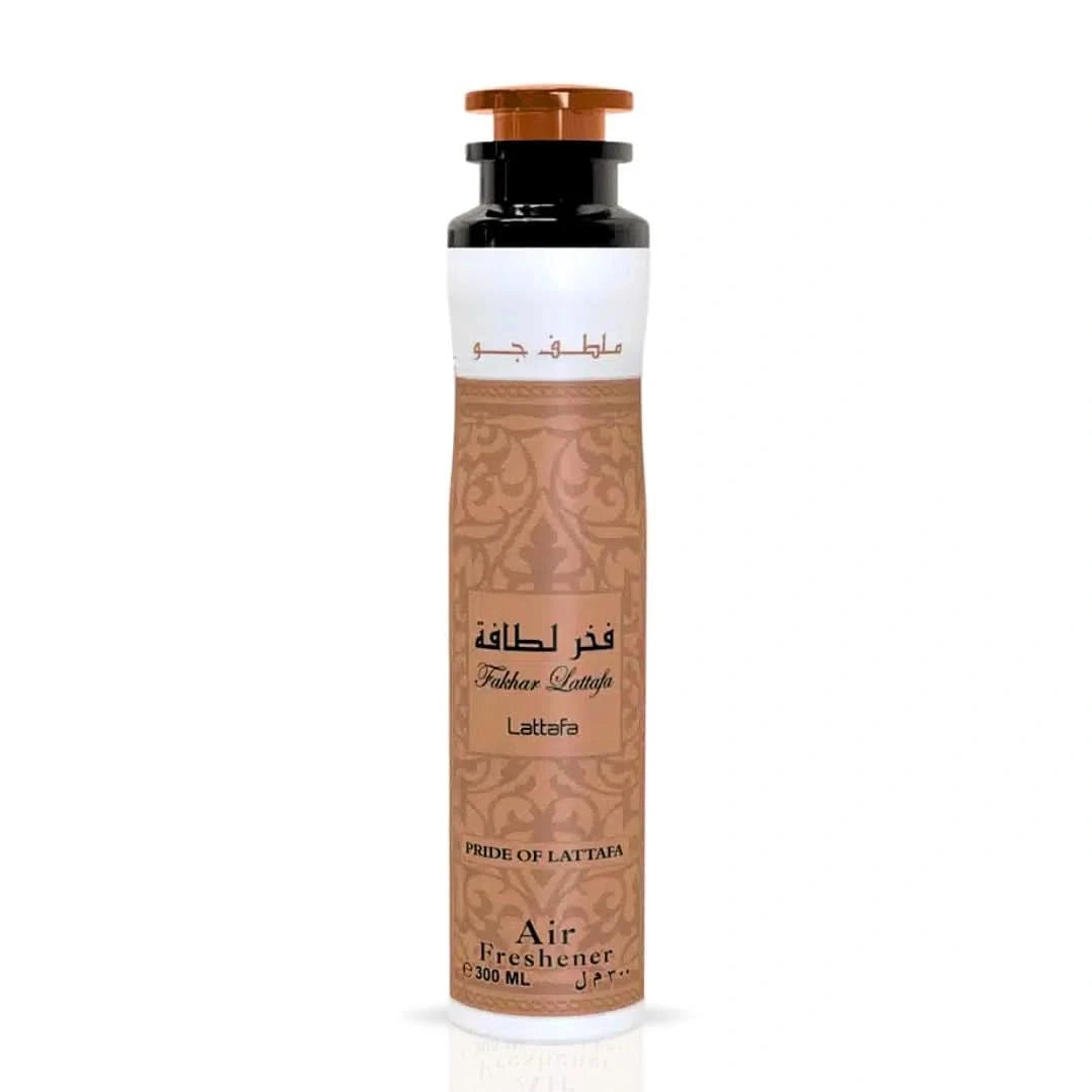 Lattafa Fakhar air freshener 300ml bottle with a sleek design, emitting a fresh, clean aroma.