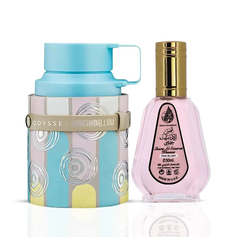 Odyssey Marshmallow Gourmand and Pink Blush Shams Al Emarat Eau de Parfum bundle featuring 100ml and 50ml sprays by Intense Oud.