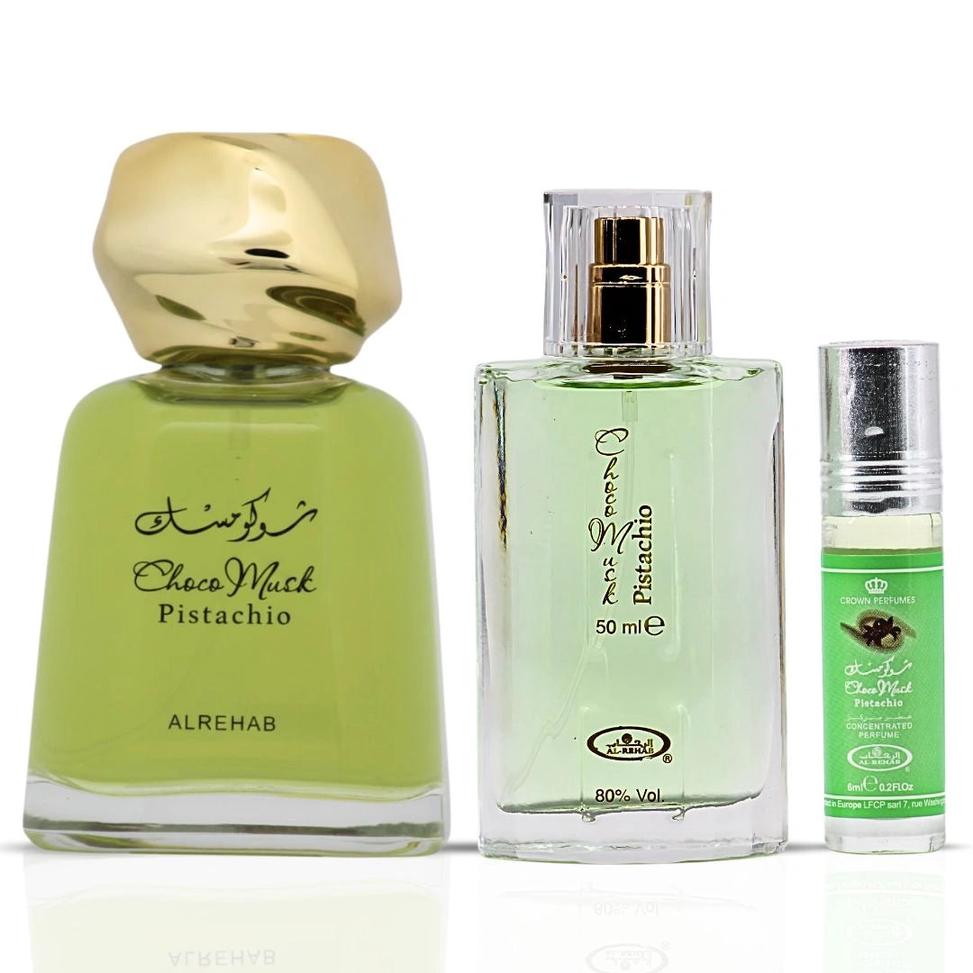 Choco Musk Pistachio Eau de Parfum 100ml, 50ml & Perfume Oil CPO 6ml by Al Rehab (Bundle) - Intense Oud