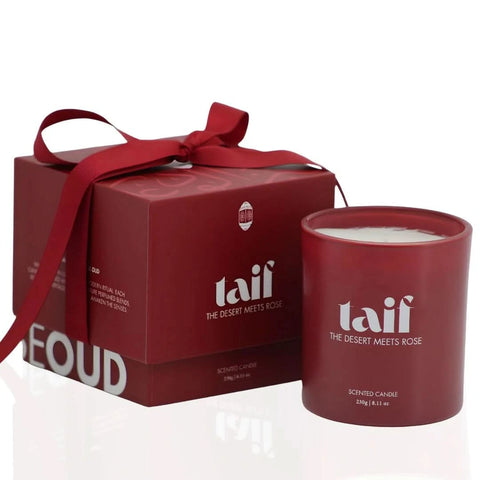 Intense Oud Taif Scented Candle with Taif Rose, smoky Oud, clove, vanilla, and amber in a luxury home wax candle.