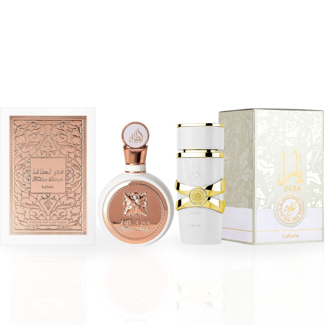 Yara Moi & Fakhar For Women EDP Sprays 100ML (3.4 OZ) By Lattafa | Two Fragrances To Match Every Mood. (GLAMOUR BUNDLE) - Intense Oud