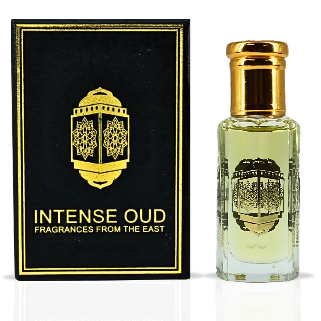 Intense Oud Warda Perfume Oil 12ml in a black gift box, featuring a clear glass bottle with a gold cap and floral scent label.