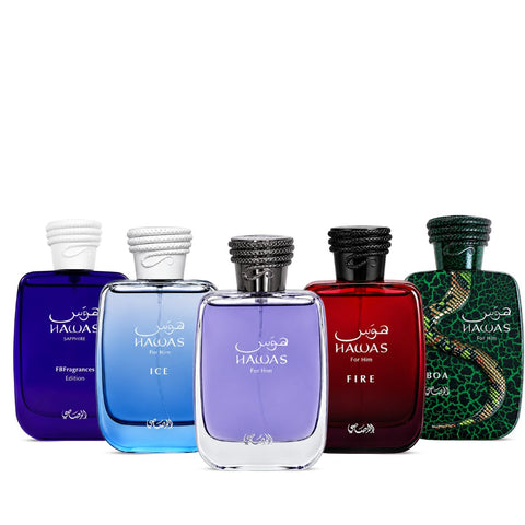 Rasasi Hawas men's perfume bundle with Ice, Fire, Sapphire, and Boa Eau de Parfum sprays, 100ml bottles displayed.