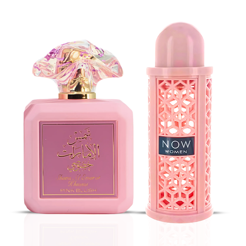 Intense Oud Pink Blush Shams Al Emarat Khususi and Now Women Eau de Parfum sprays, 100ml bundle with pink and elegant bottles.