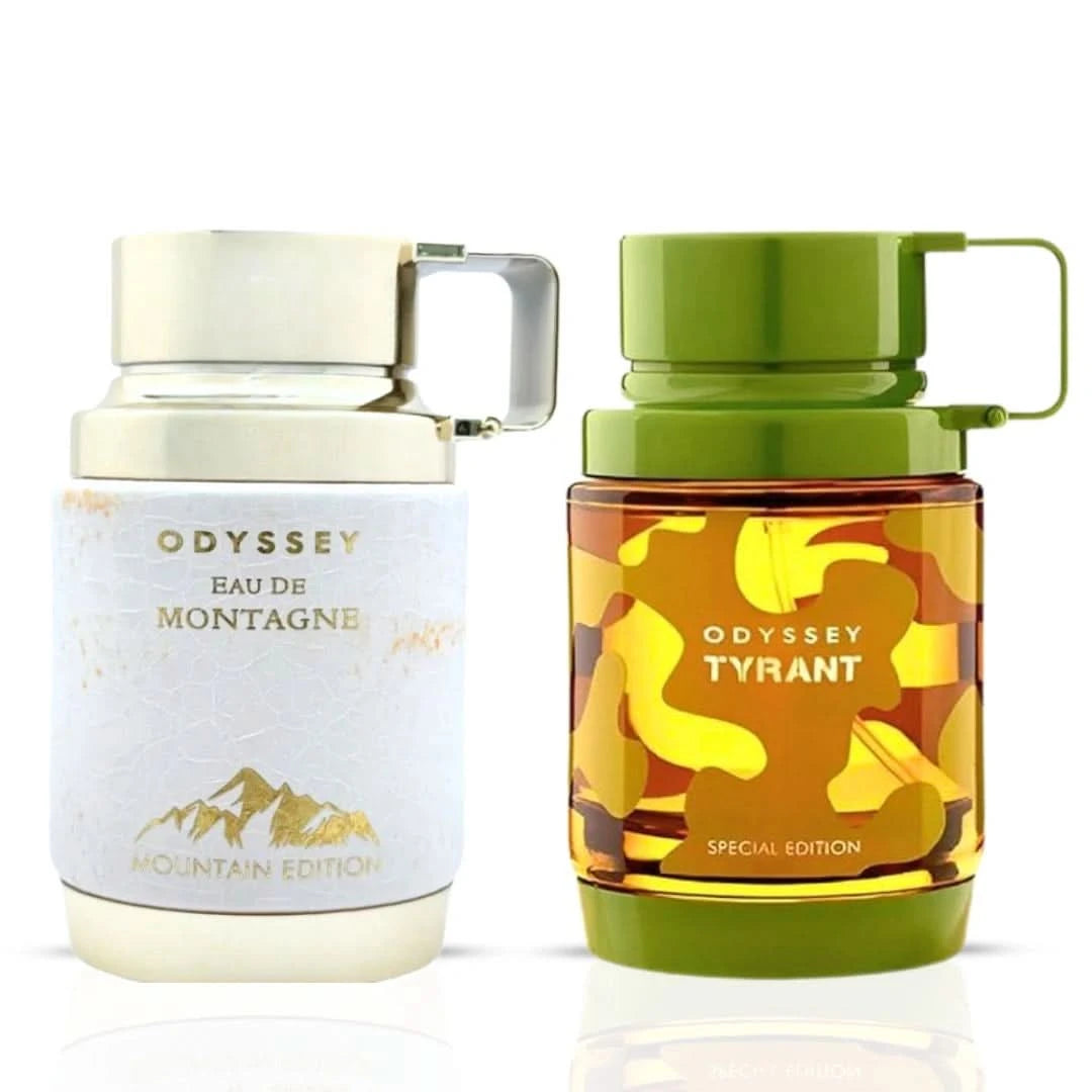 Armaf Odyssey Eau de Montagne and Odyssey Tyrant Eau de Parfum sprays in a 100ml bundle, featuring sleek bottles and modern packaging.