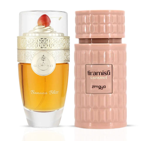 Bundle of 100ml Paris Corner Banana Bliss and Zimaya Tiramisu Caramel Eau de Parfum sprays, featuring fruity and sweet fragrance bottles.