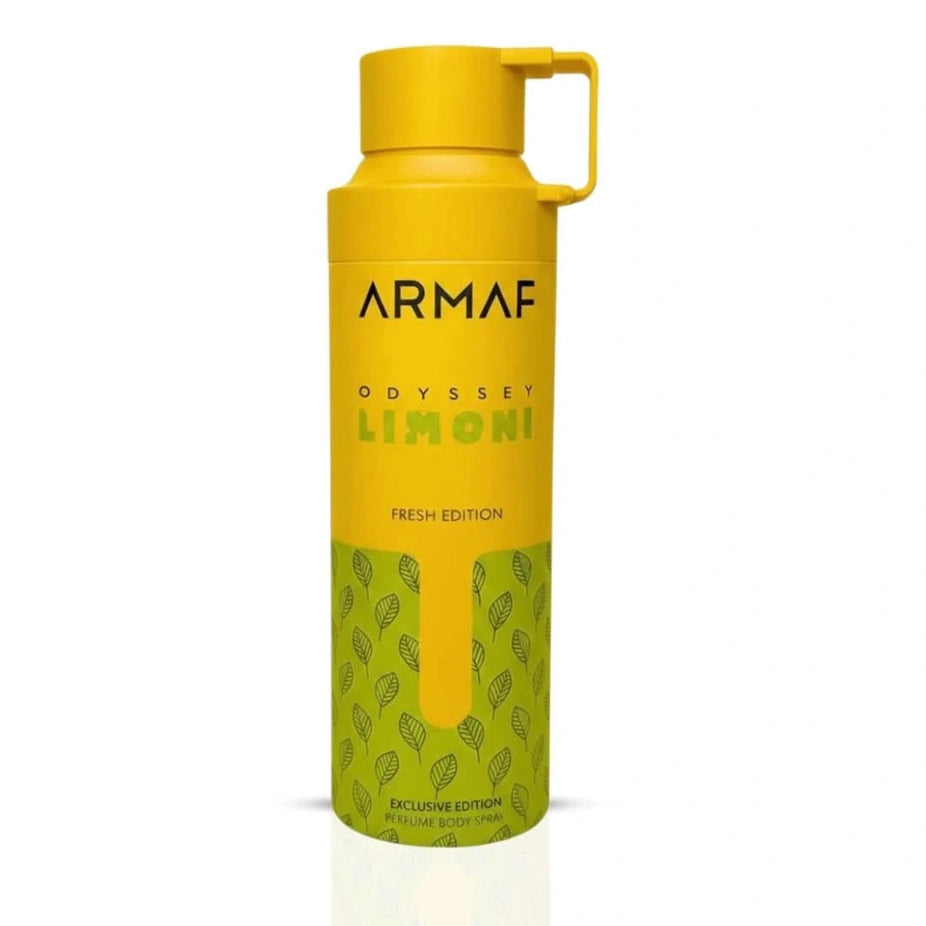 Odyssey Limoni Fresh deodorant spray by Armaf, 200ml bottle, with a sleek design and a citrus-inspired fragrance.