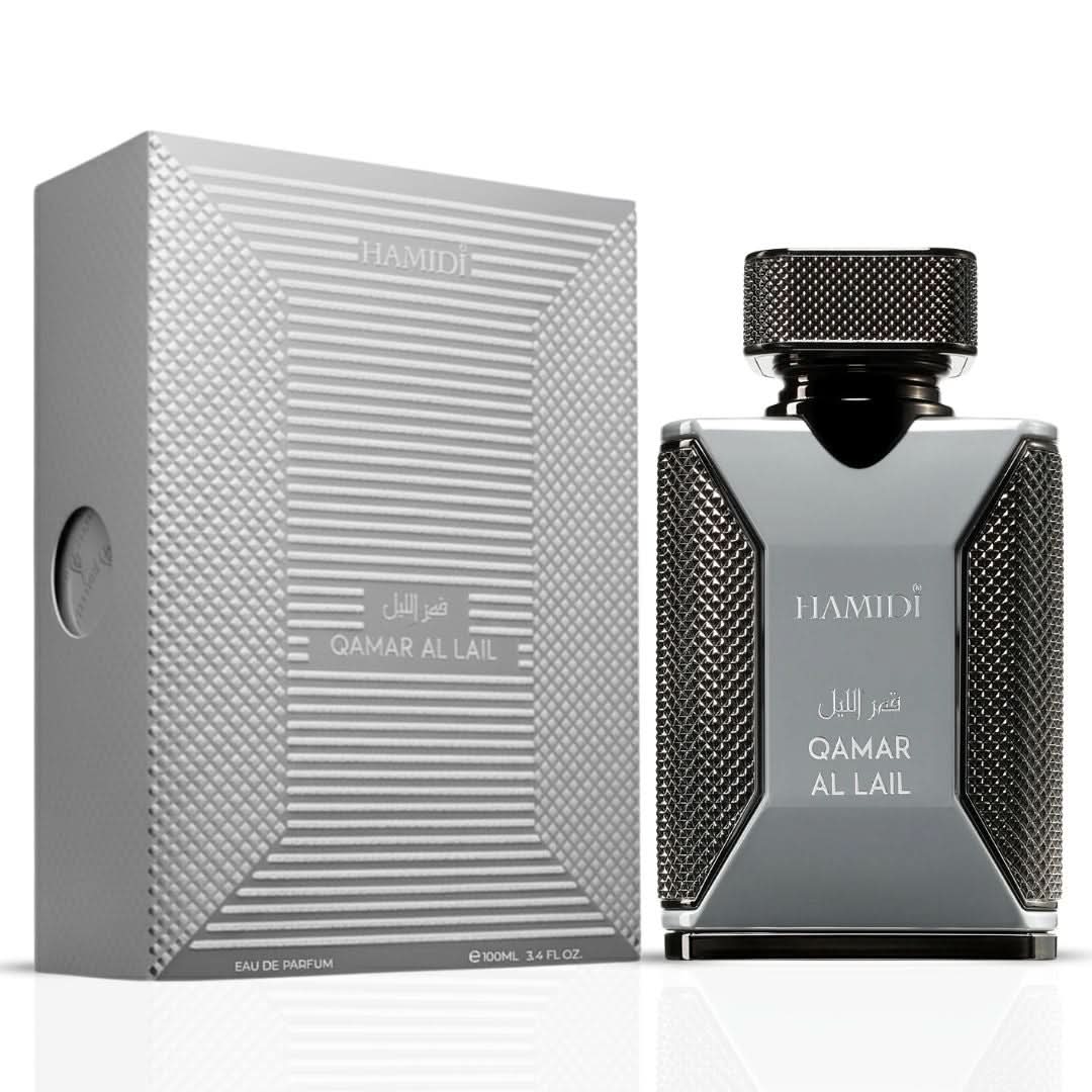 Hamidi Qamar Al Lail Eau de Parfum spray 100ml bottle with elegant packaging.