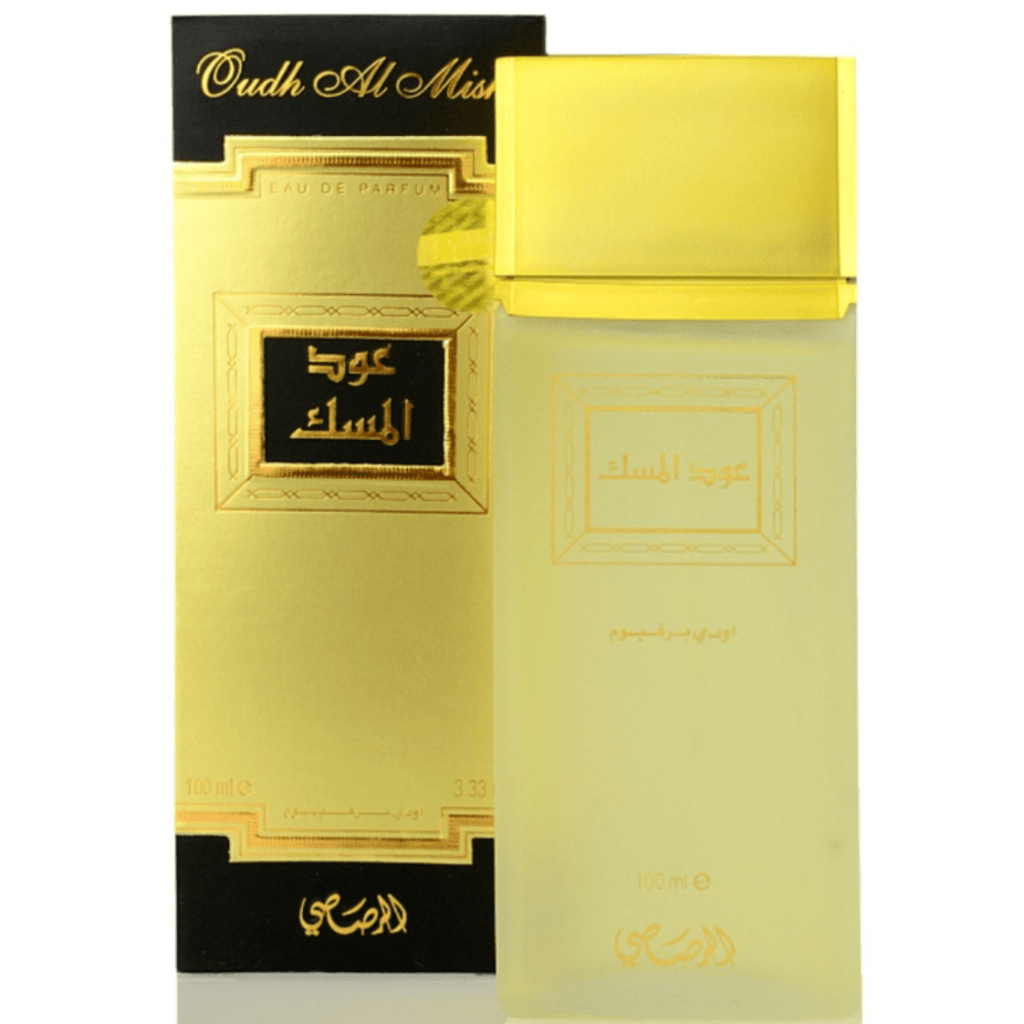 Rasasi Oudh Al Misk EDP perfume bottle, 100ml, with elegant packaging and fragrance notes visible on the label.