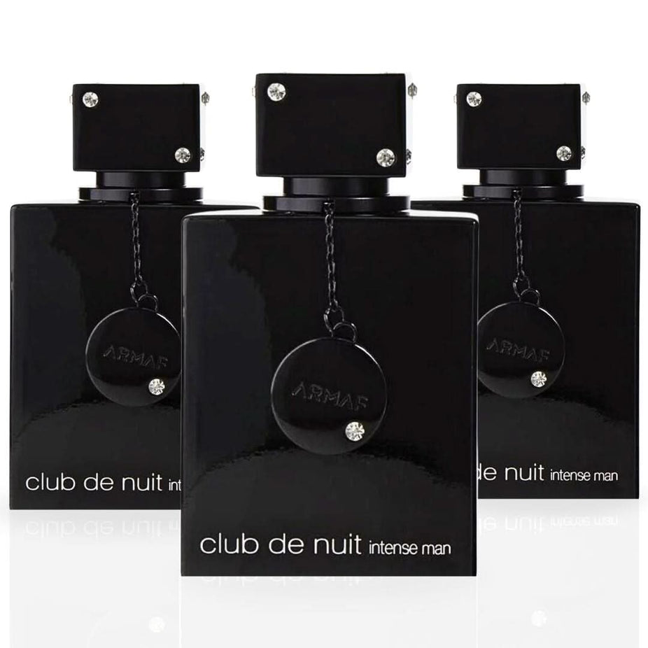 Three bottles of Armaf Club De Nuit Intense for Men Eau de Toilette Spray in 105ml value pack, featuring sleek black packaging.