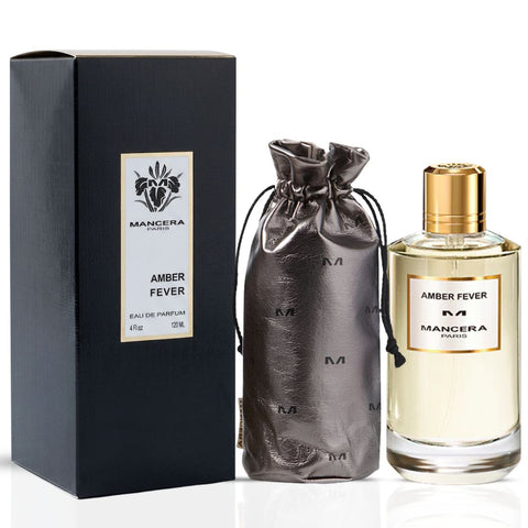 Mancera Amber Fever Eau de Parfum spray bottle, 120ml (4 oz), with amber-colored liquid and elegant packaging.