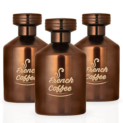 Three bottles of Al Rehab French Coffee Perfume Eau de Parfum Spray in a value pack, 100ml each, with elegant glass bottles and spray caps.