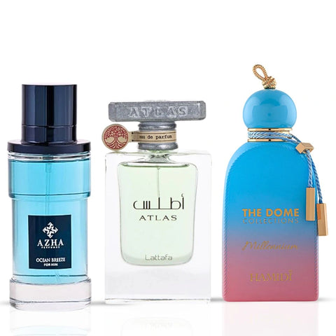 Ocean Breeze by Azha, Atlas by Lattafa & Millennium by Hamidi Eau de Parfum Sprays 100ml (3.4 oz) (Rocco’s Fresh Vibes Only Bundle) - Intense Oud