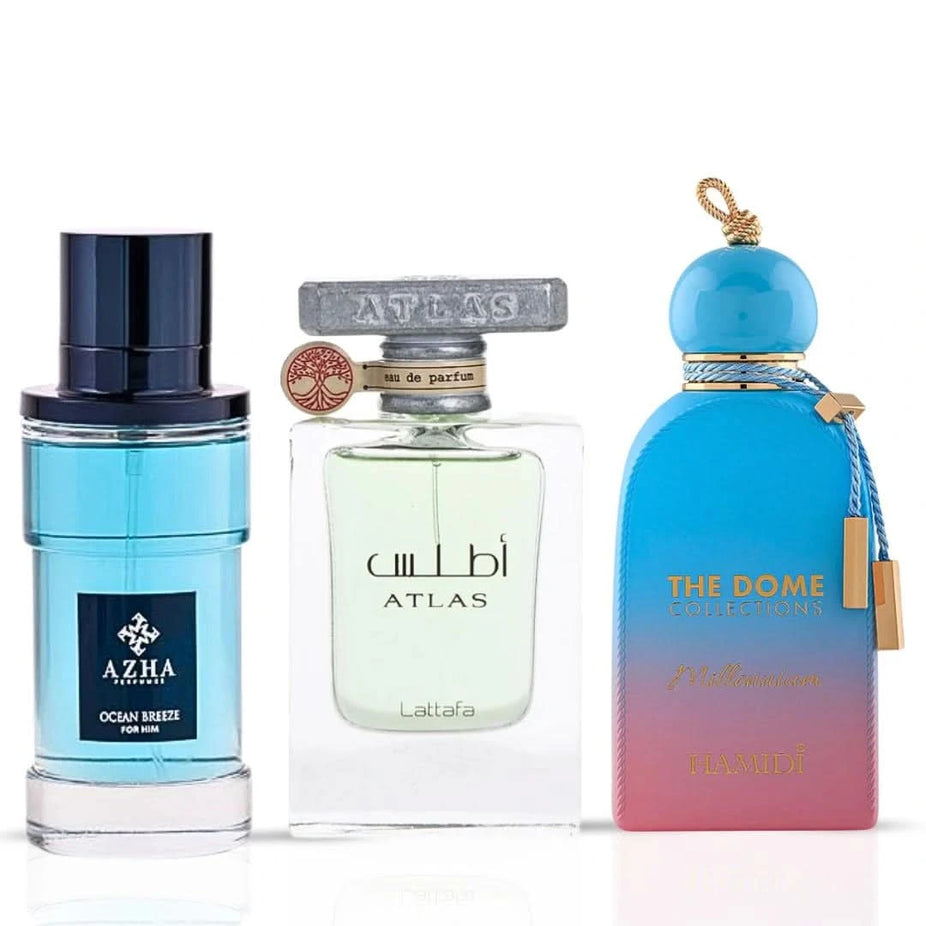 Intense Oud Ocean Breeze, Atlas, Millennium Eau de Parfum bundle with three 100ml spray bottles featuring sleek packaging.