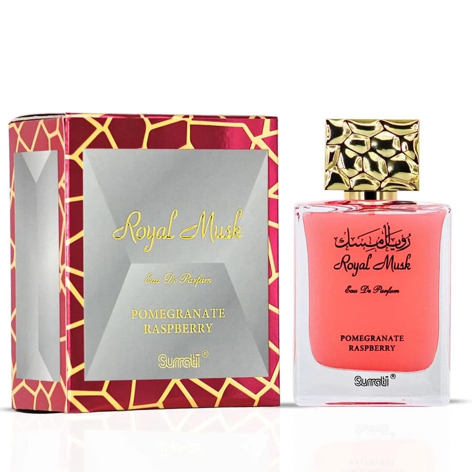 Surrati Royal Musk Pomegranate Raspberry Eau de Parfum spray bottle, 100ml, with elegant packaging and floral-fruity design.