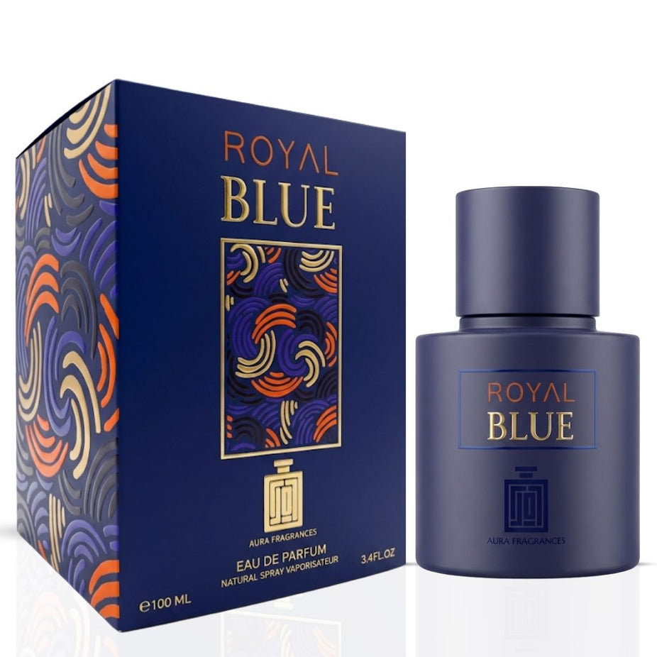 Royal blue Aura by Aura Eau de Parfum spray 100ml bottle, elegant packaging shown in the image.