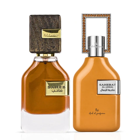 Bundle of two Ard Al Zaafaran Saheb & Sahebat Al Jamal Eau de Parfum sprays, 70ml bottles with elegant packaging.