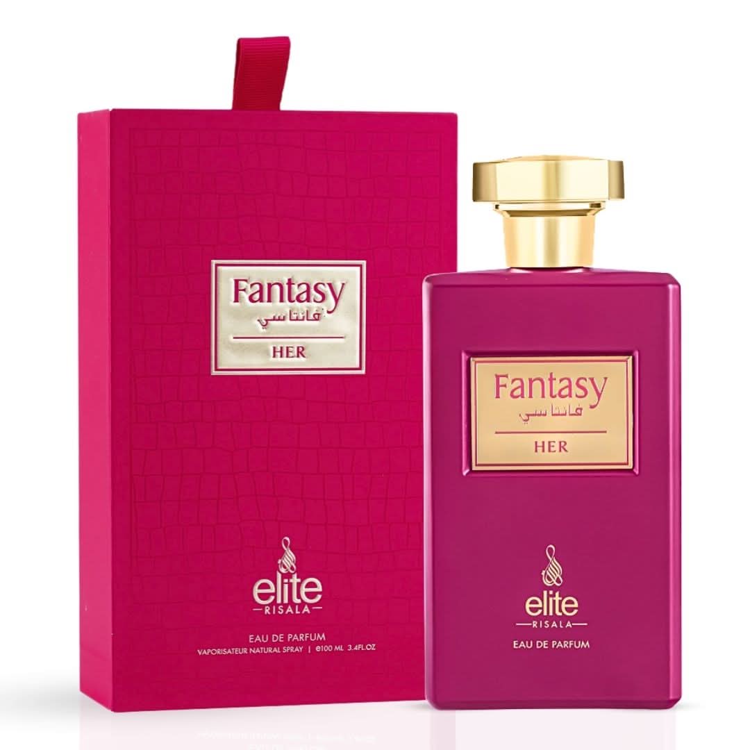 Elite Risala Fantasy For Her Eau de Parfum spray 100ml bottle with elegant packaging, showcasing the feminine fragrance design.