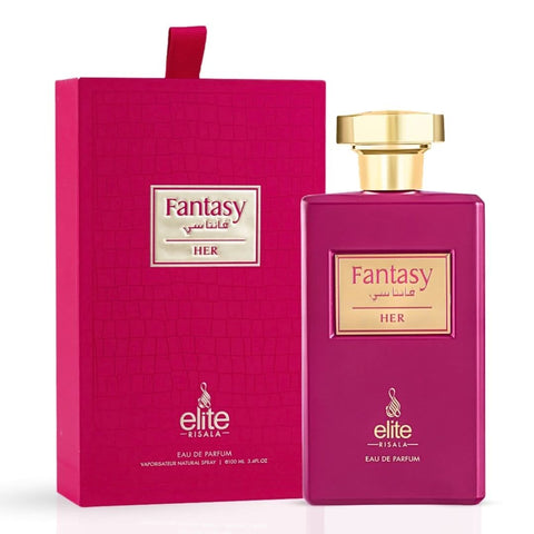 Elite Risala Fantasy For Her Eau de Parfum spray 100ml bottle with elegant packaging, showcasing the feminine fragrance design.