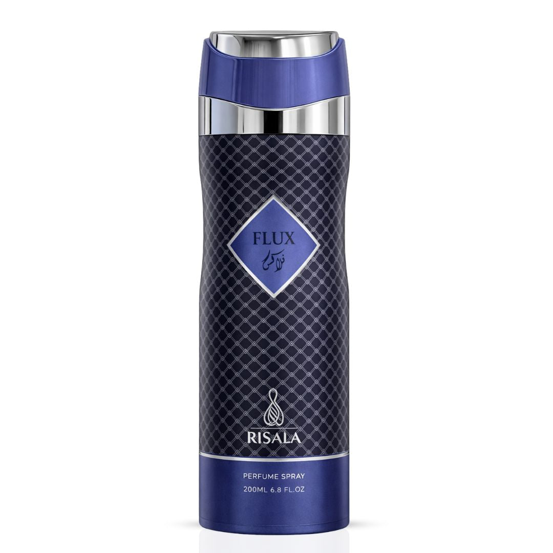 Flux Body Spray 200ml by Elite Risala, deodorant bottle with sleek design and spray nozzle, ready for freshening up.
