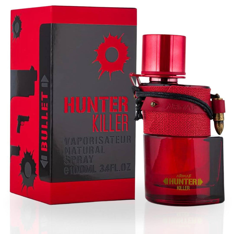 Armaf Hunter Killer For Men Eau De Parfum spray bottle, 100ml, with sleek design and dark fragrance liquid visible inside.