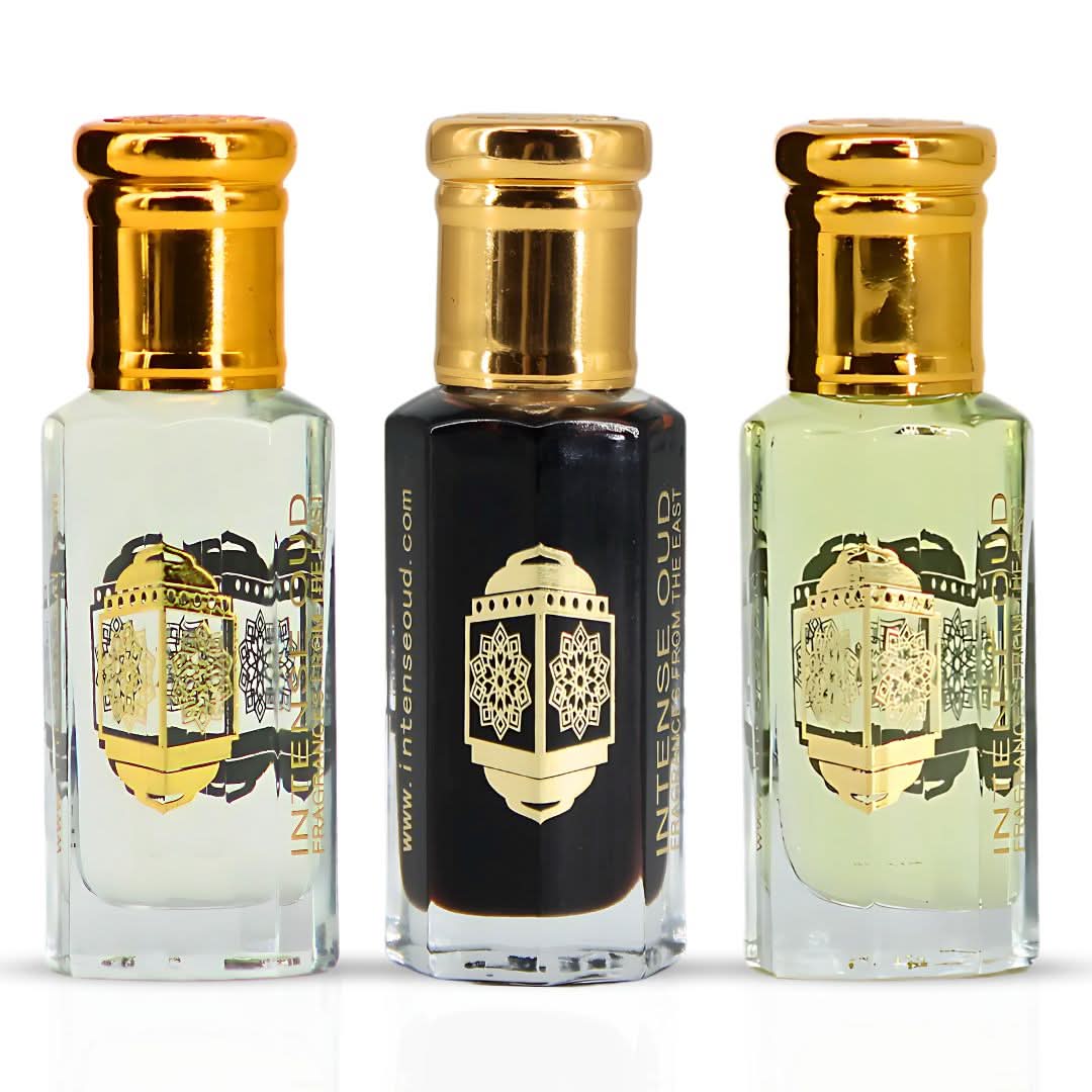 Lady Mile aphrodisiac and vanilla rose perfume oils bundle by Intense Oud in black gift box, 12ml fragrance set with elegant packaging