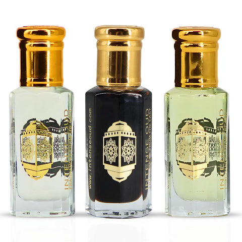 Lady Mile aphrodisiac and vanilla rose perfume oils bundle by Intense Oud in black gift box, 12ml fragrance set with elegant packaging