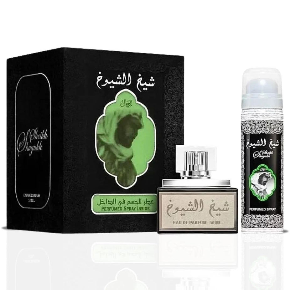 Lattafa Sheikh Al Shuyukh Black EDP Spray with perfumed deodorant, 50ml, featuring a rich, woody scent in sleek black packaging.