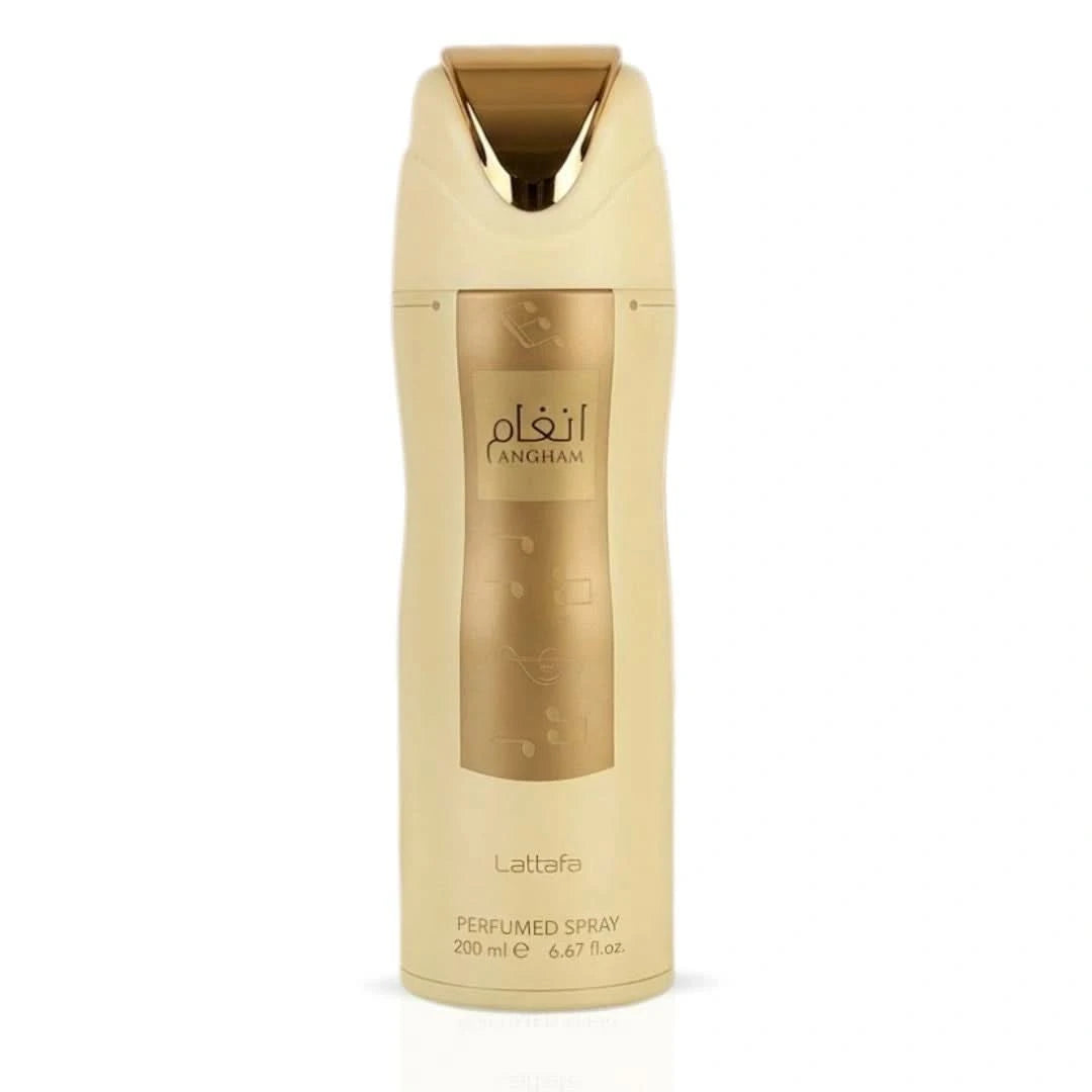Lattafa Angham deodorant spray 200ml bottle with sleek design and spray nozzle, shown in a close-up image.