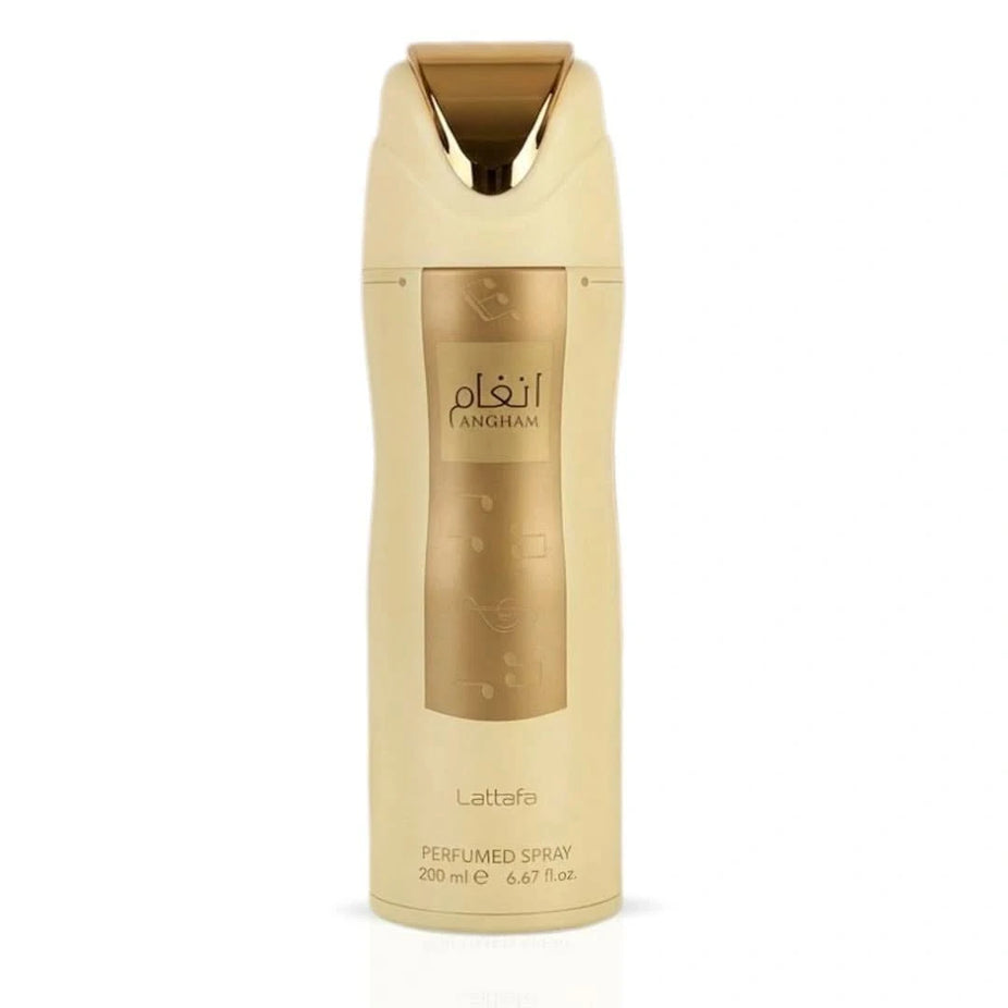 Lattafa Angham deodorant spray 200ml bottle with sleek design, featuring a white cap and elegant label.