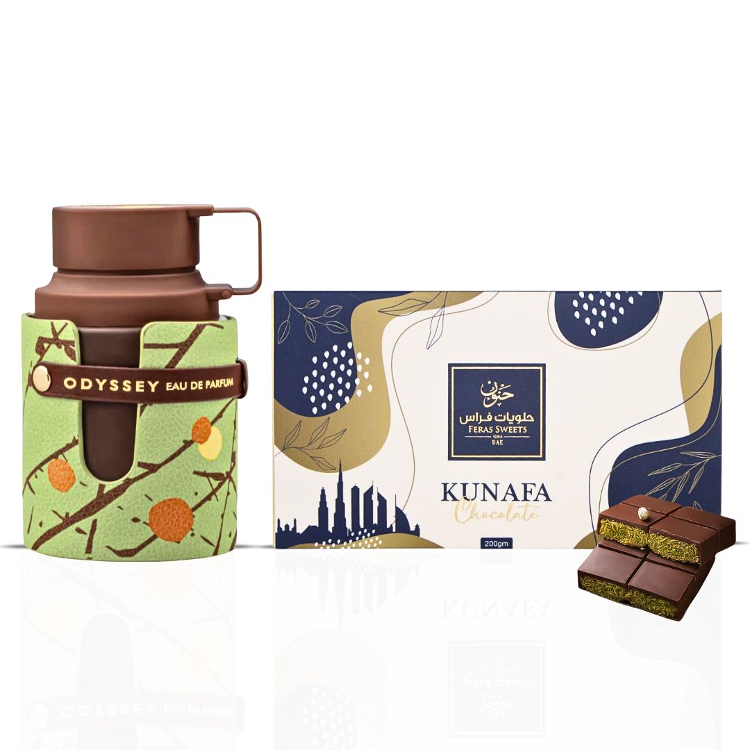 Odyssey Dubai Chocolat Gourmand Edition Eau De Parfum Spray 100ML (3.4 OZ) by Armaf & Dubai Kunafa Chocolate Bar 200GMS by Feras Sweets | A Duo of Decadent Fragrance & Rich Chocolate Indulgence. (Bundle) - Intense Oud
