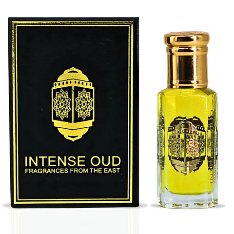 Intense Oud Santal Wood perfume oil 12ml in a clear glass bottle with black gift box, showcasing luxurious loose oil packaging.